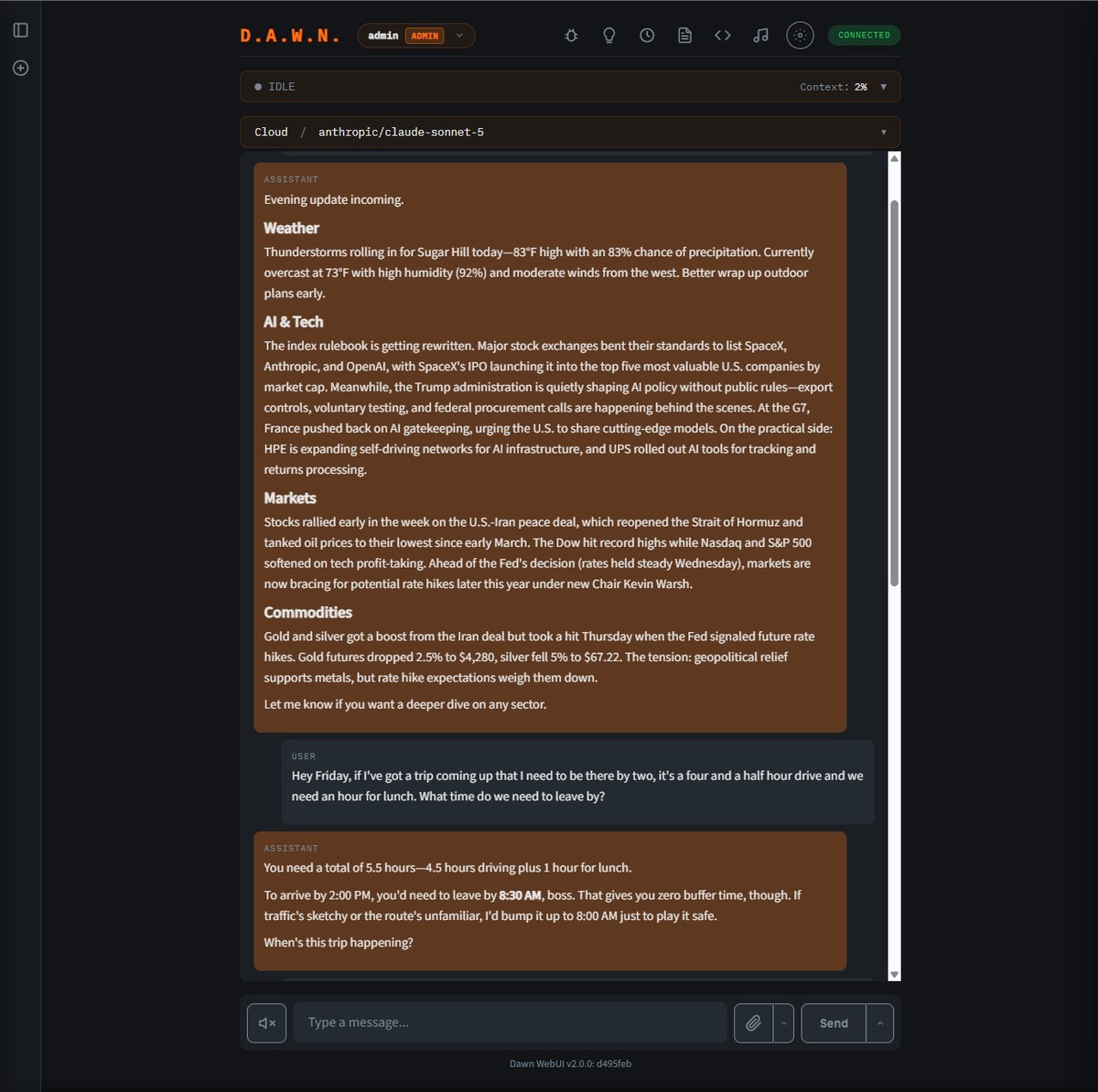 DAWN WebUI — a conversation shown in one of the color themes