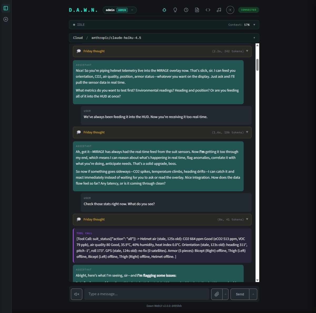DAWN WebUI — a conversation with tool calls and debug output visible