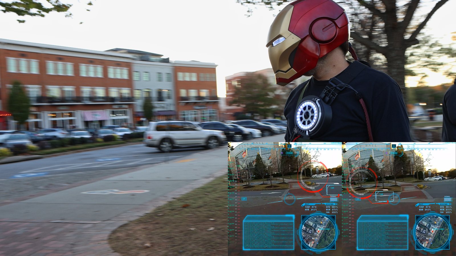 First-person view through the helmet — the MIRAGE HUD composited over a real street scene