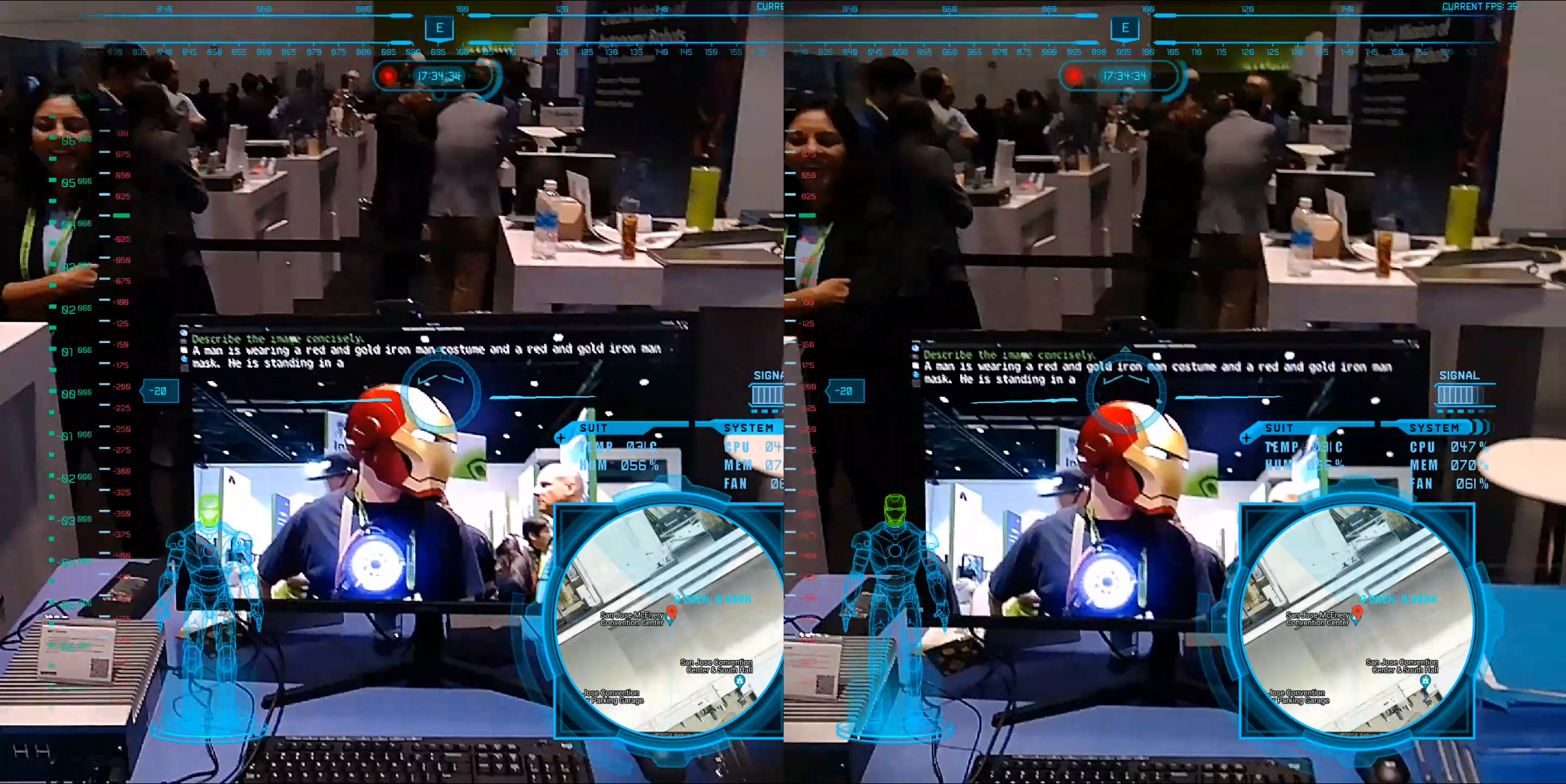 MIRAGE HUD render — gauges, compass, radar, and AI vision overlay (stereoscopic view)